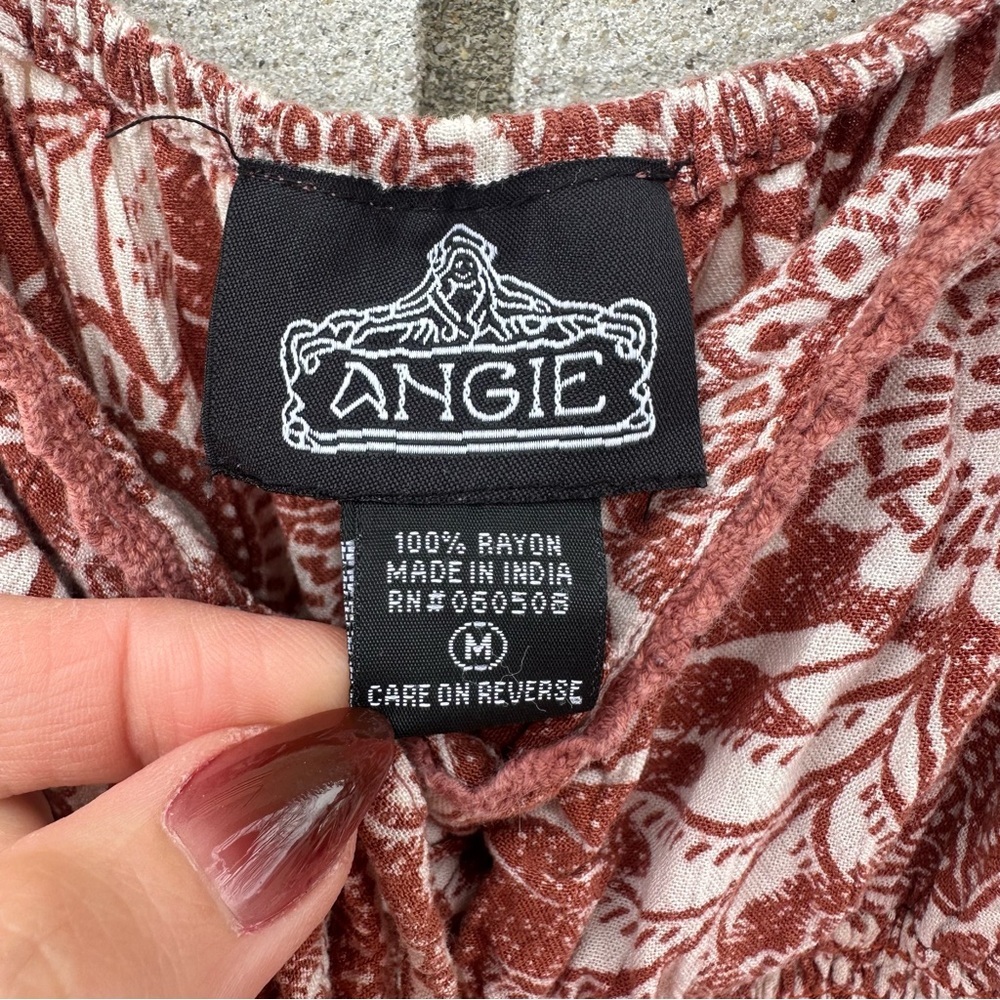 ANGIE Rust Red White Boho Floral Smocked Waist Tie Front Rayon Romper M Festival - Picture 4 of 10
